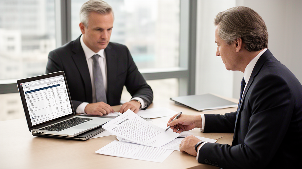 Advogado e diretor financeiro revisando CCB e extratos em escritório corporativo
