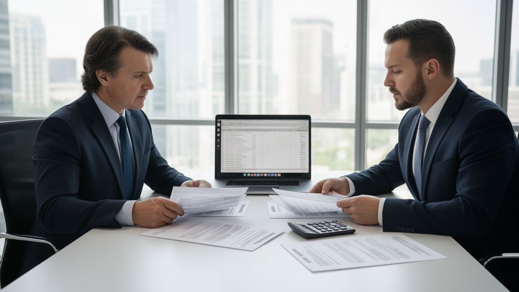 Empresário e advogado analisando contratos bancários e extratos em escritório corporativo