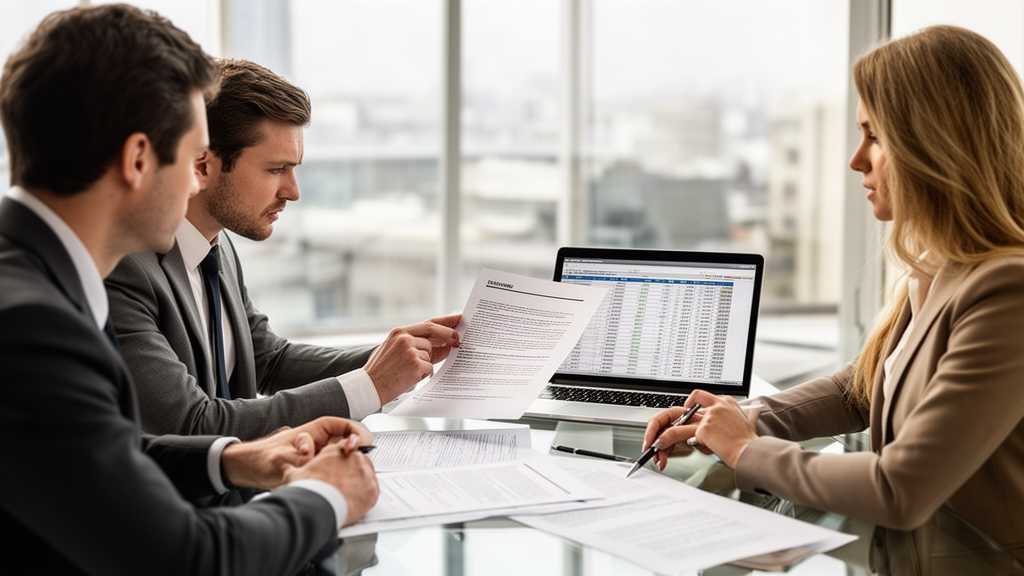 Equipe empresarial analisando CCB e planilha financeira em escritório moderno