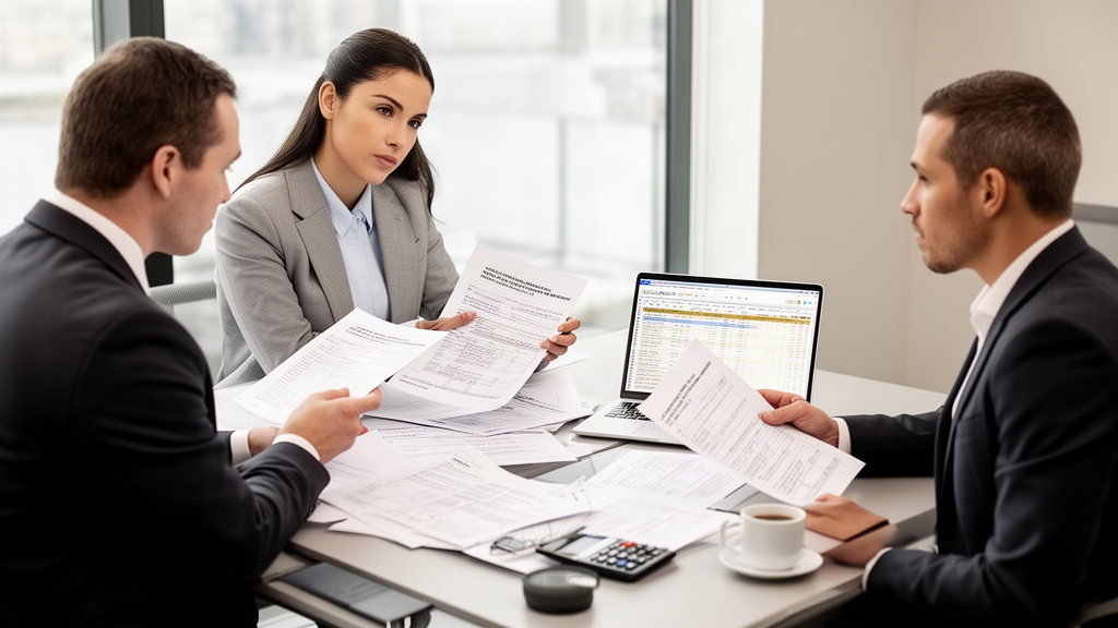 Equipe empresarial revisando contratos e extratos bancários em sala clara