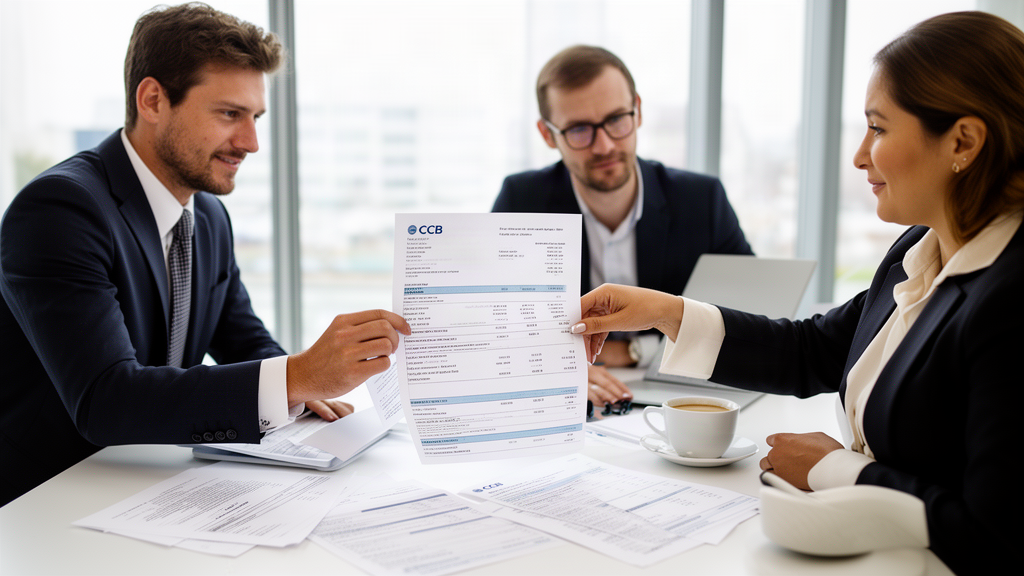 Empresários analisando contratos e extratos bancários em sala clara