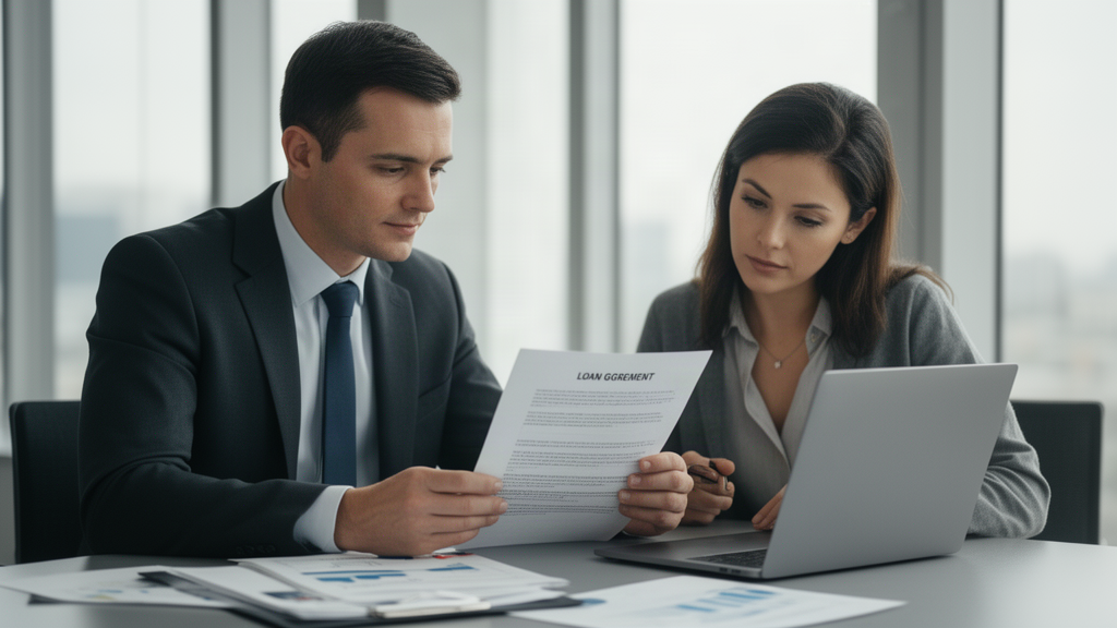 Duas pessoas em reunião empresarial revisando contrato e planilha financeira em ambiente corporativo claro