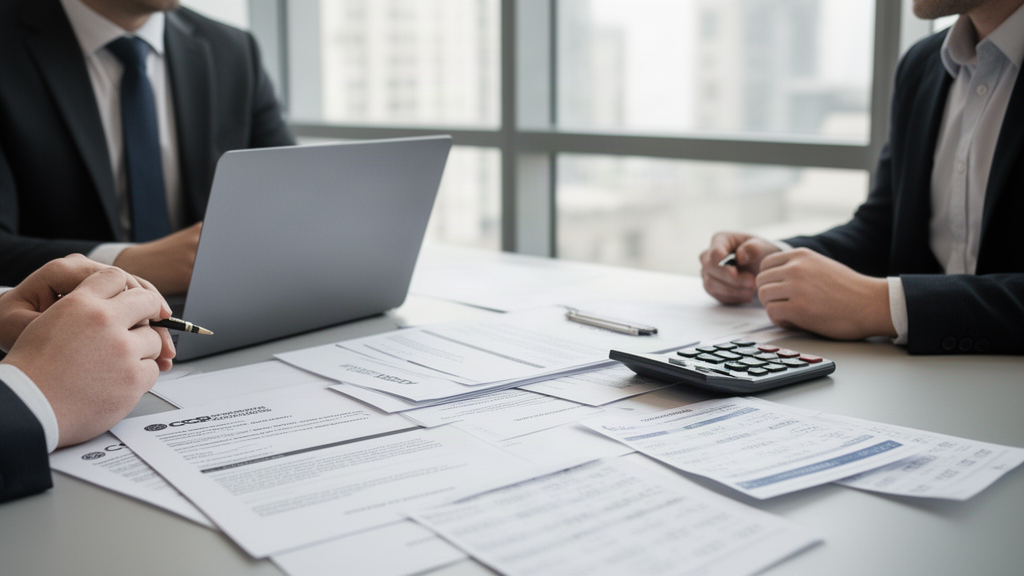 Advogado e sócio analisando contratos bancários e extratos em escritório corporativo