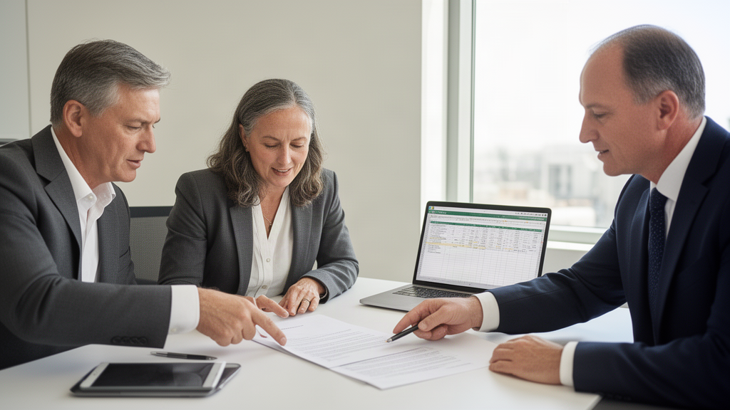 Advogado e empresário analisando contrato bancário em escritório moderno, luz natural