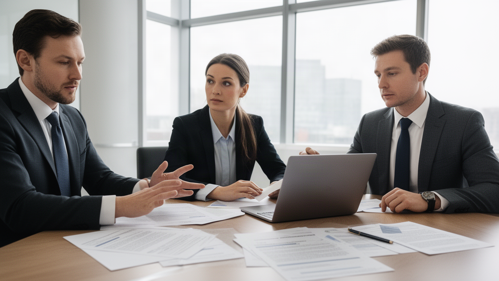 Profissionais em reunião empresarial analisando contrato em mesa de escritório com luz natural