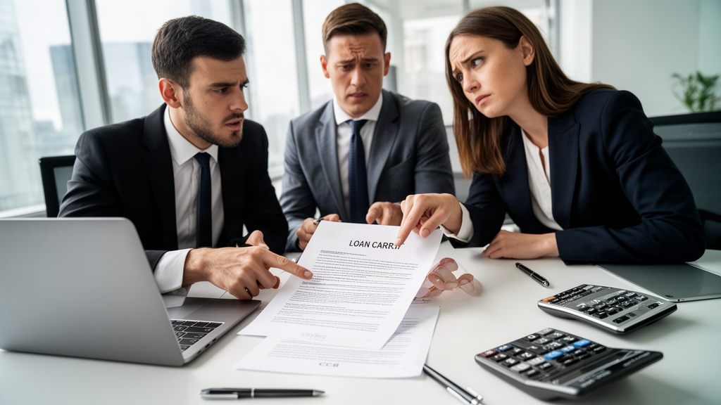 Advogado e empresários analisando contrato bancário em escritório claro e profissional