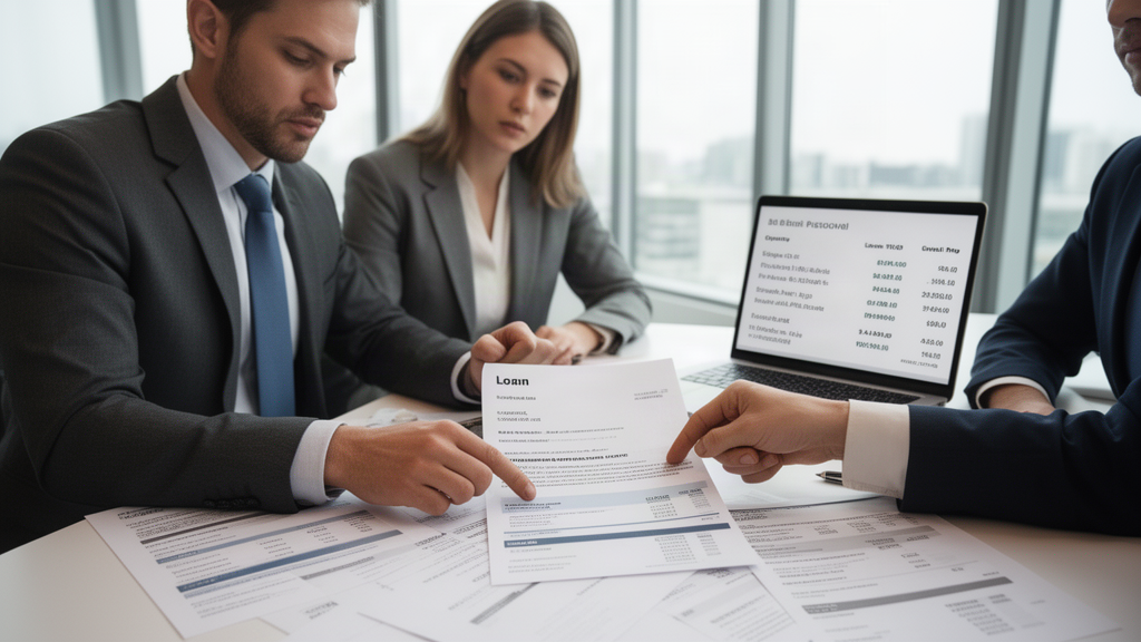 Executivos analisando extratos e contrato bancário em escritório, luz natural