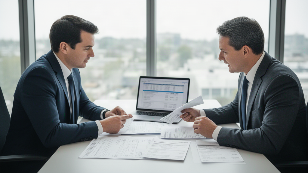 Advogado e gerente financeiro analisando extratos e contratos em escritório empresarial