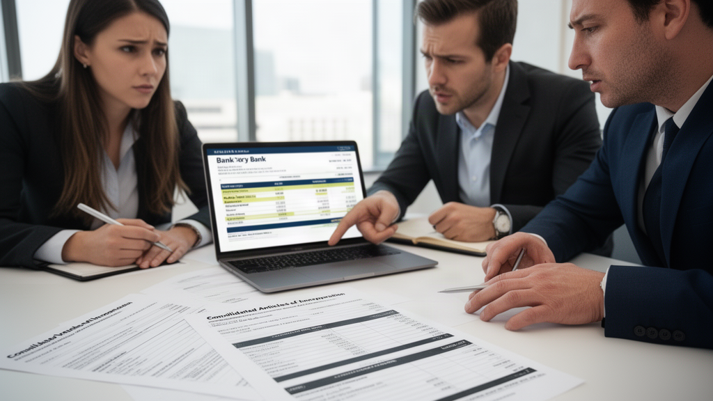 Equipe financeira analisando extratos, balancete e contrato social em escritório claro