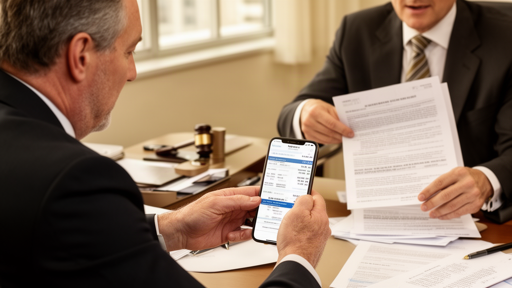 Advogado e empresário analisando extratos e processo em escritório corporativo iluminado