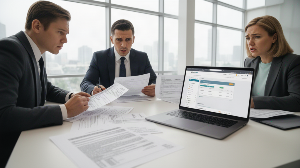 Executivos em escritório revisando extratos e documento judicial sobre bloqueio financeiro