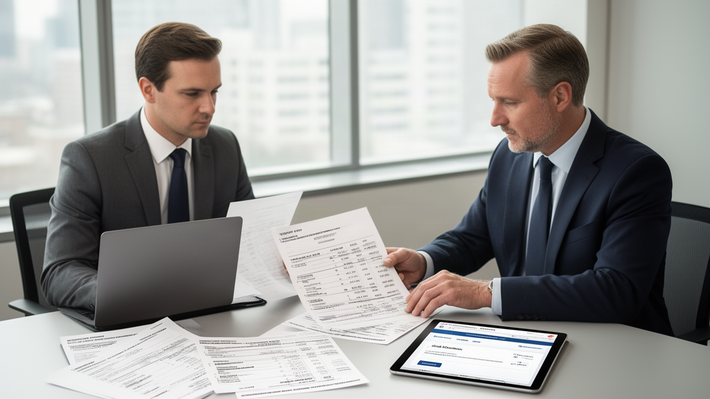 Advogado e diretor financeiro analisando extratos e documentos em escritório corporativo, luz natural
