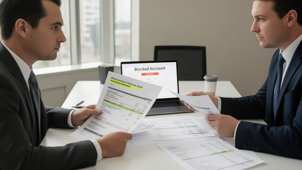 Advogado e empresário analisando extratos e folha para desbloqueio SisbaJud em escritório claro