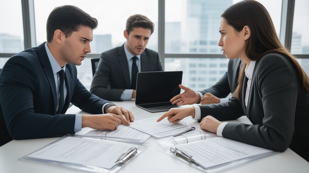 Equipe empresarial analisando extratos bancários e fluxo de caixa em sala de reunião