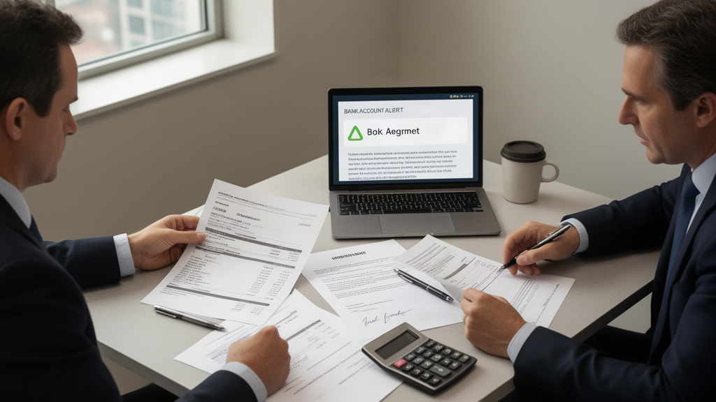 Advogado e CFO analisando acordo e extratos bancários em sala corporativa