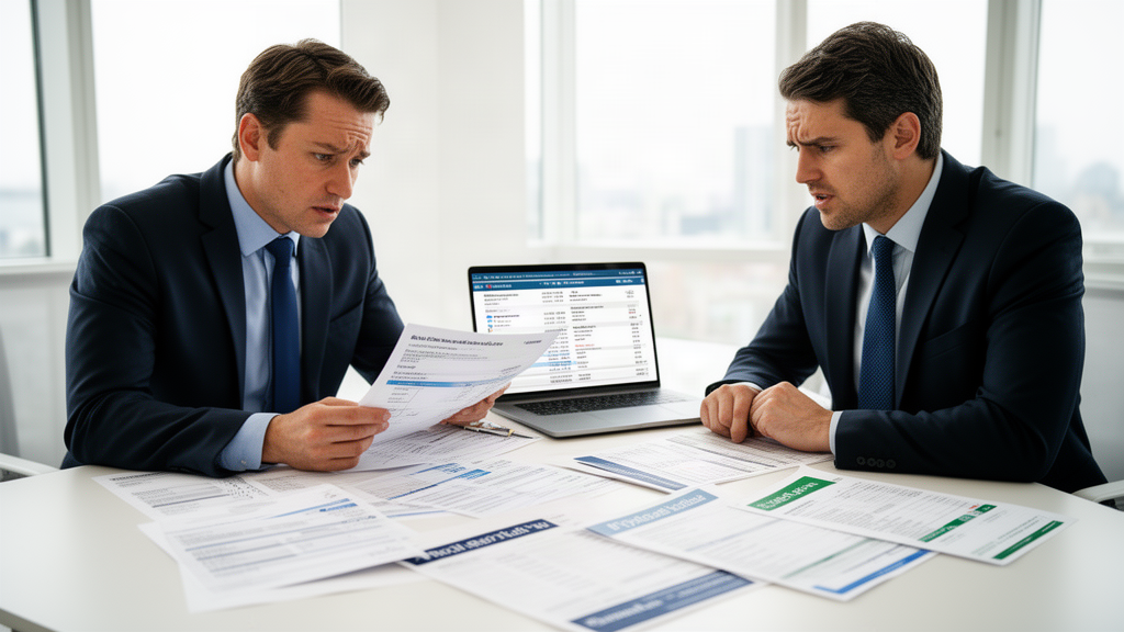 Gestores revisando extratos e folhas de pagamento em escritório corporativo iluminado