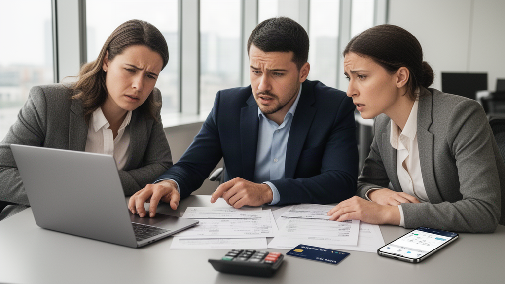 Equipe empresarial revisando extratos e documentos bancários em escritório moderno
