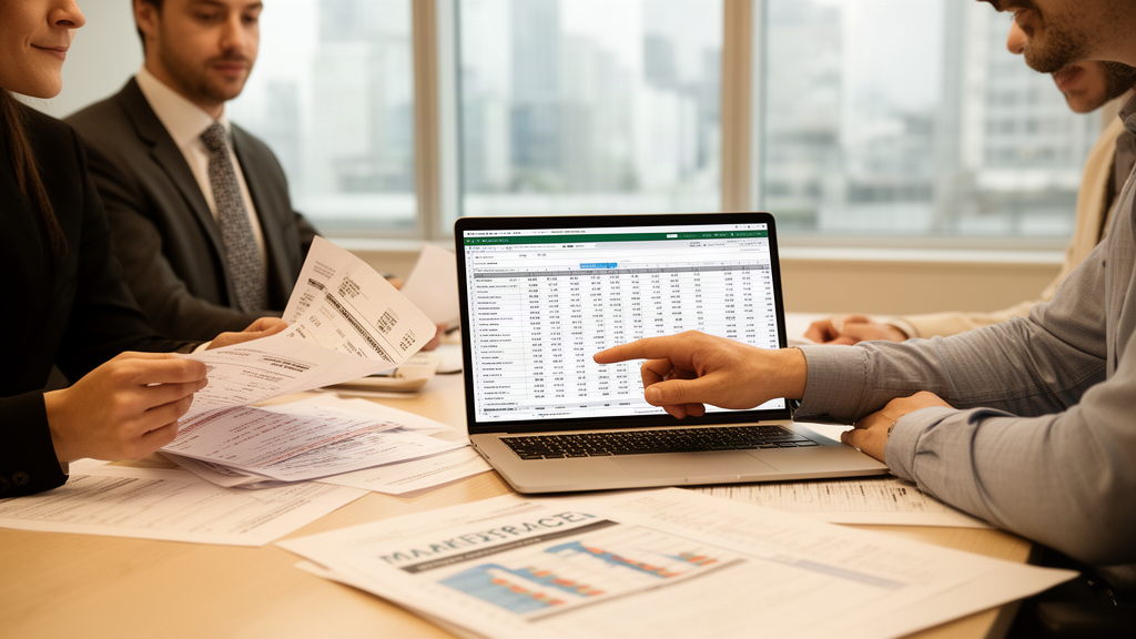 Equipe empresarial analisando extratos e planilha para provar repasses de marketplace