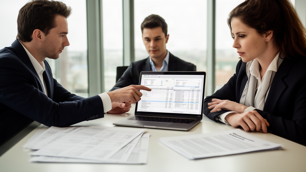 Equipe financeira analisando extratos e contratos em escritório corporativo
