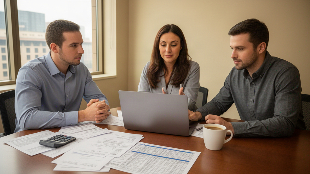 Equipe empresarial revisando extratos e planilha financeira em escritório claro