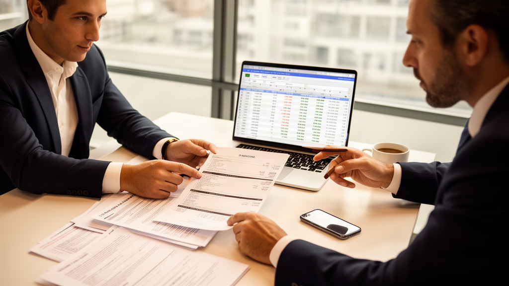 Advogada e CFO analisando extratos e contratos em escritório corporativo iluminado por luz natural