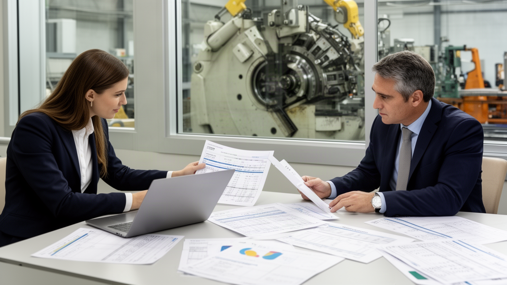 Advogado e gerente analisando planilhas perto de máquina industrial antes de busca e apreensão