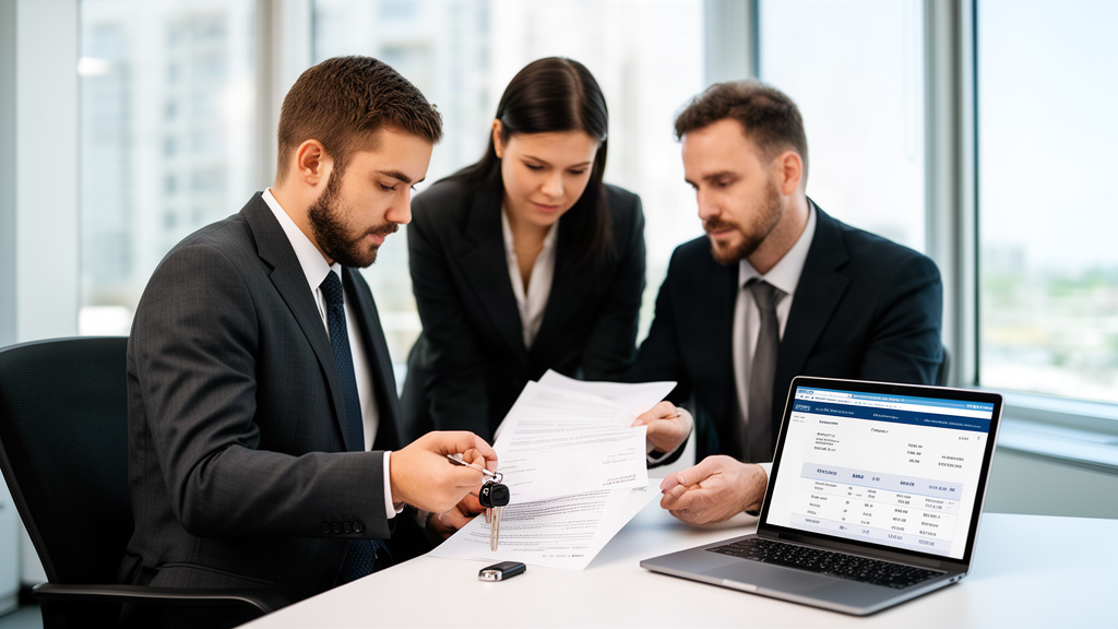 Equipe empresarial revisando contrato e chaves de veículo em escritório claro