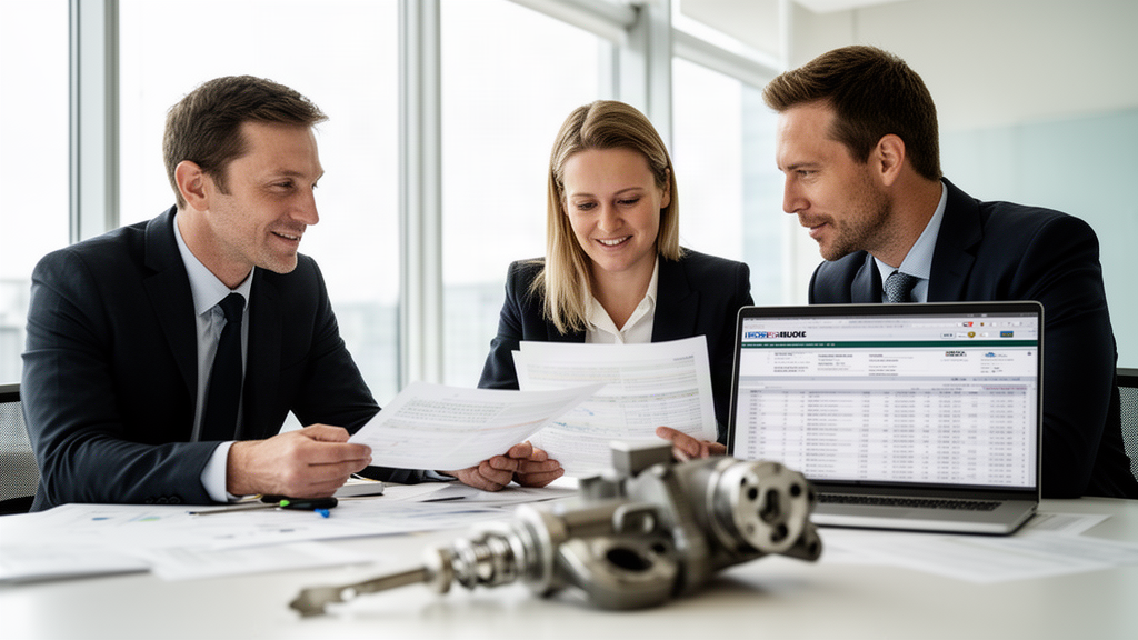 Equipe empresarial revisando documentos financeiros com chave de caminhão sobre a mesa, ambiente claro e corporativo