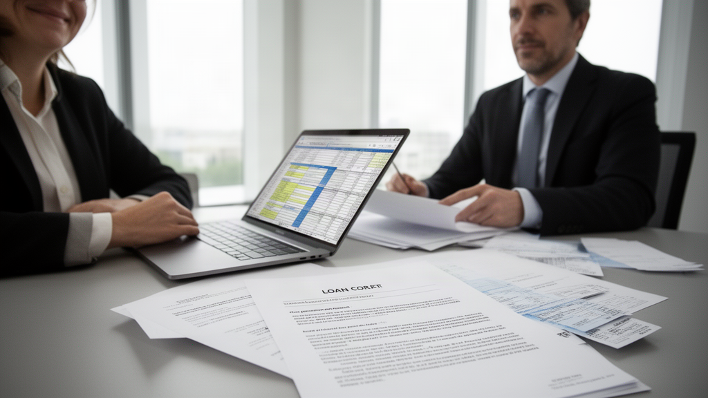 Advogado e CFO analisando CCB e extratos em escritório corporativo