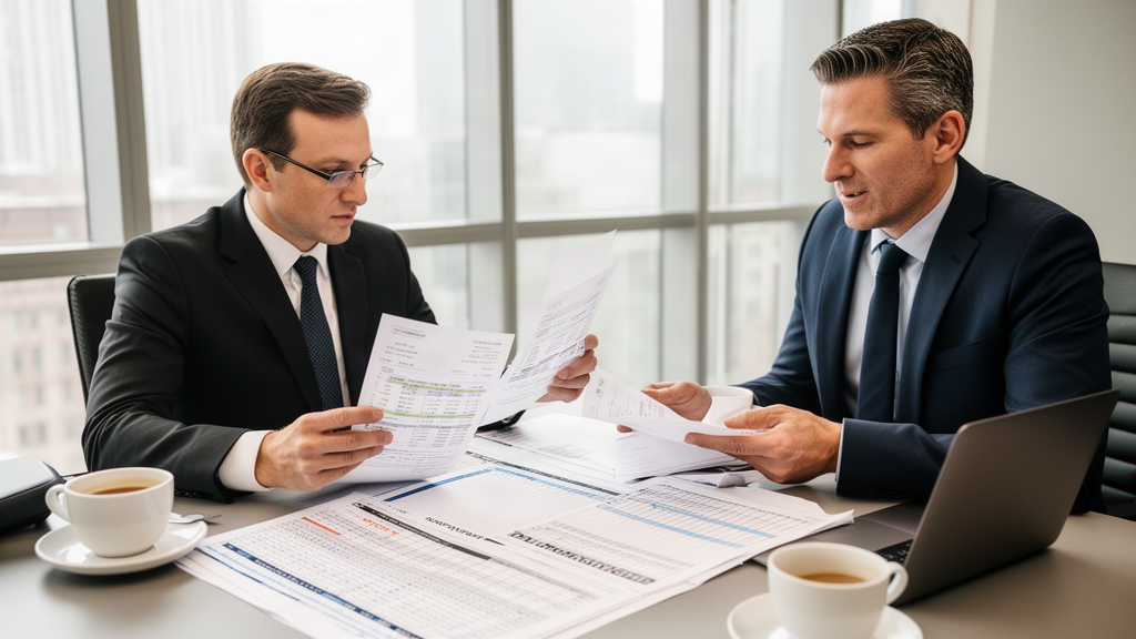 Advogado e CFO analisando extratos e fluxo de caixa em reunião empresarial