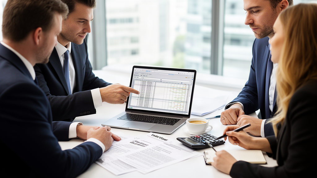 Equipe empresarial analisando documentos e planilha financeira em sala clara