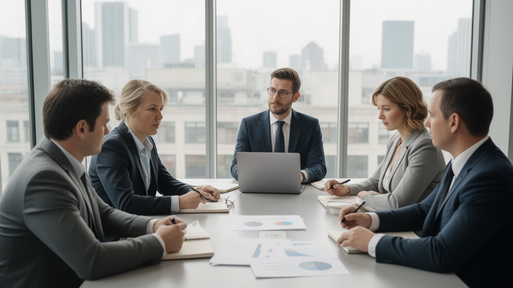 Equipe empresarial analisando documentos financeiros e planilhas em reunião corporativa