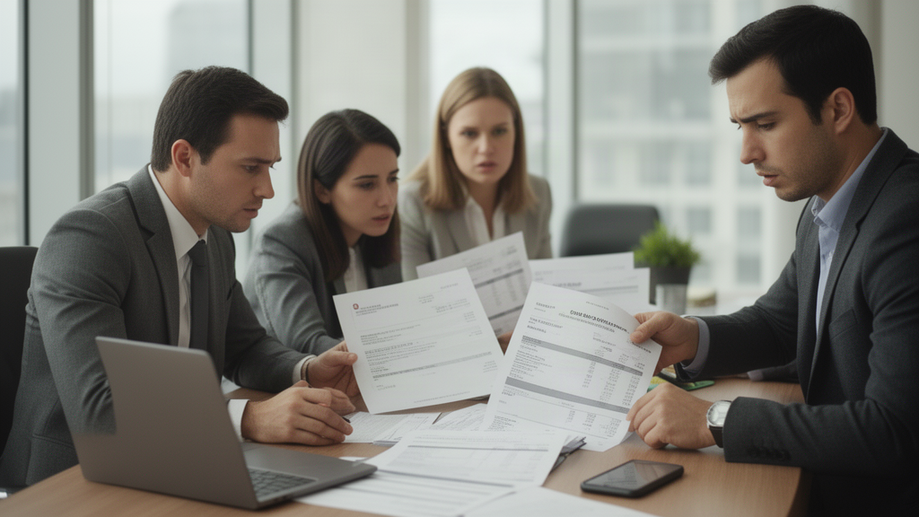 Equipe empresarial analisando documentos bancários e extratos em reunião no escritório