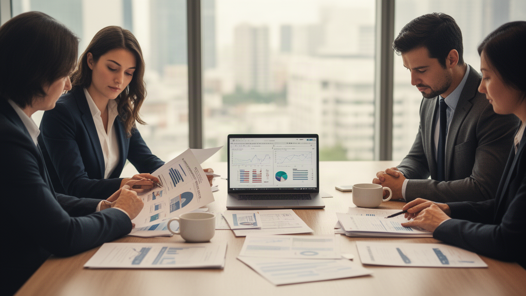 Equipe empresarial revisando contratos e demonstrações financeiras em sala moderna, luz natural