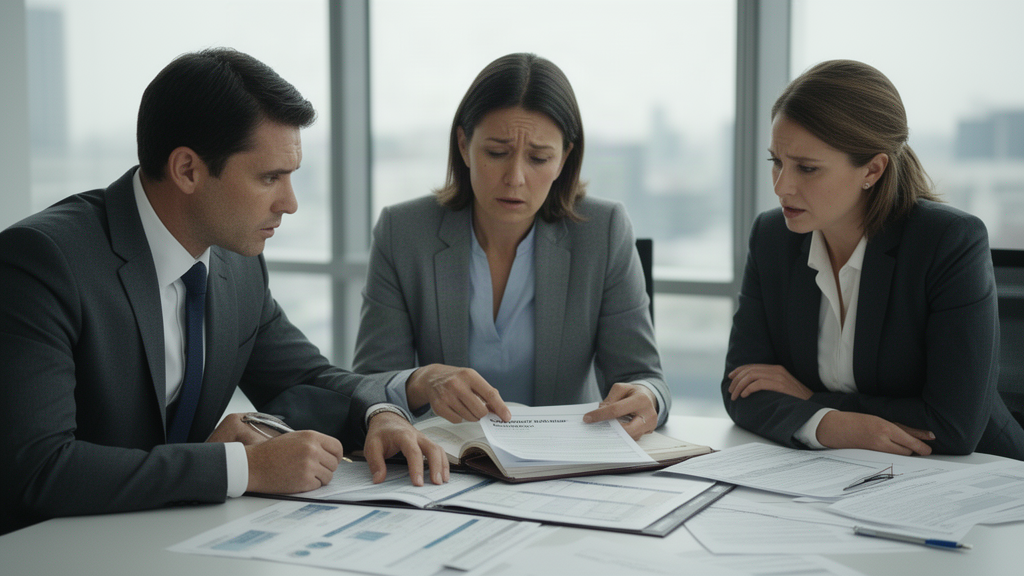 Executivos em escritório analisando contrato e fluxo de caixa sob luz natural