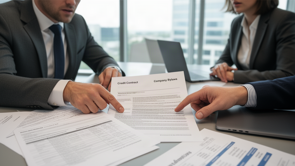 Donos e advogado revisando contrato bancário e contrato social em escritório moderno