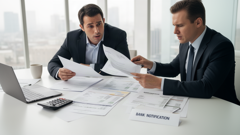 Advogado e gestor empresariais analisando contratos bancários e extratos em escritório claro