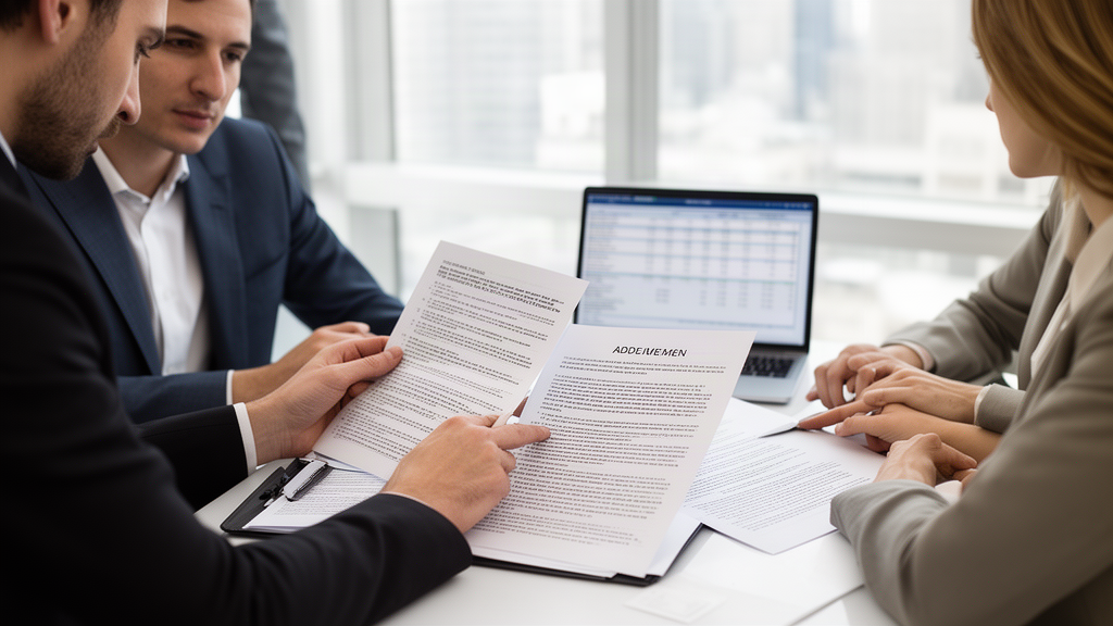 Reunião corporativa analisando contrato e aditivo sobre recebíveis em escritório moderno