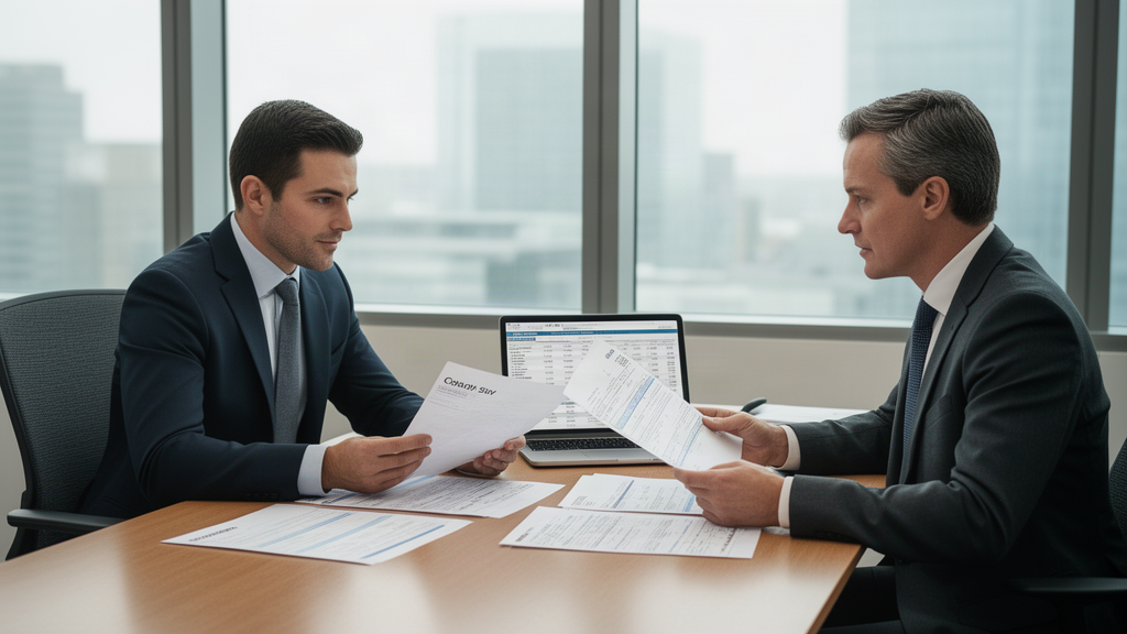 Advogado e CFO analisando documentos financeiros e extratos em sala corporativa clara