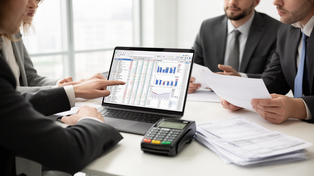 Equipe executiva analisando contrato e planilha de recebíveis em escritório corporativo claro