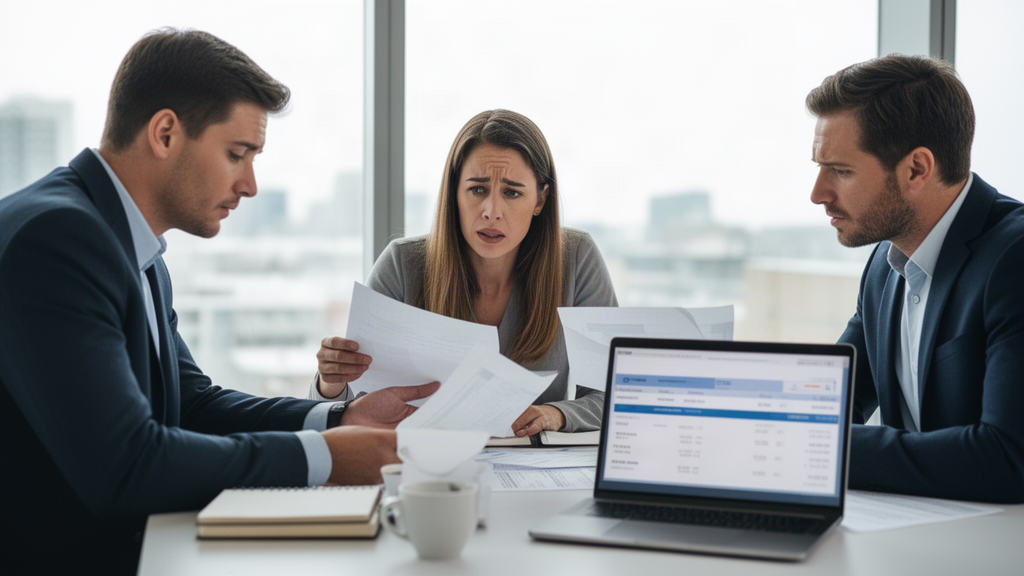 Equipe empresarial analisando contratos e extratos em escritório claro, tema cessão de recebíveis