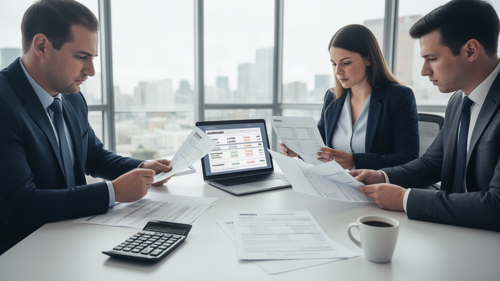 Equipe empresarial revisando extratos e contratos em escritório moderno, luz natural