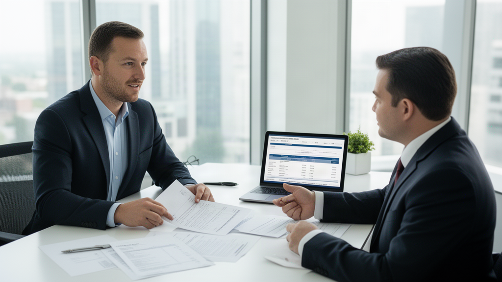 Advogado e empresário analisando documentos e extratos em escritório claro, reunião financeira