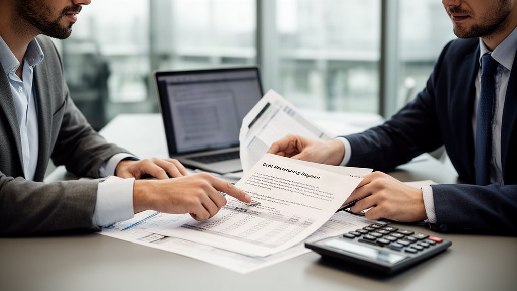 Duas pessoas em reunião empresarial analisando contrato e planilha de renegociação financeira em mesa de escritório.