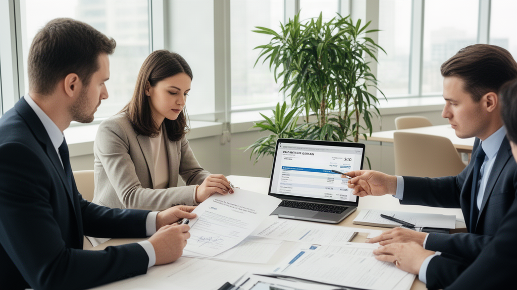 Executivos analisando contrato e extrato bancário em sala corporativa clara