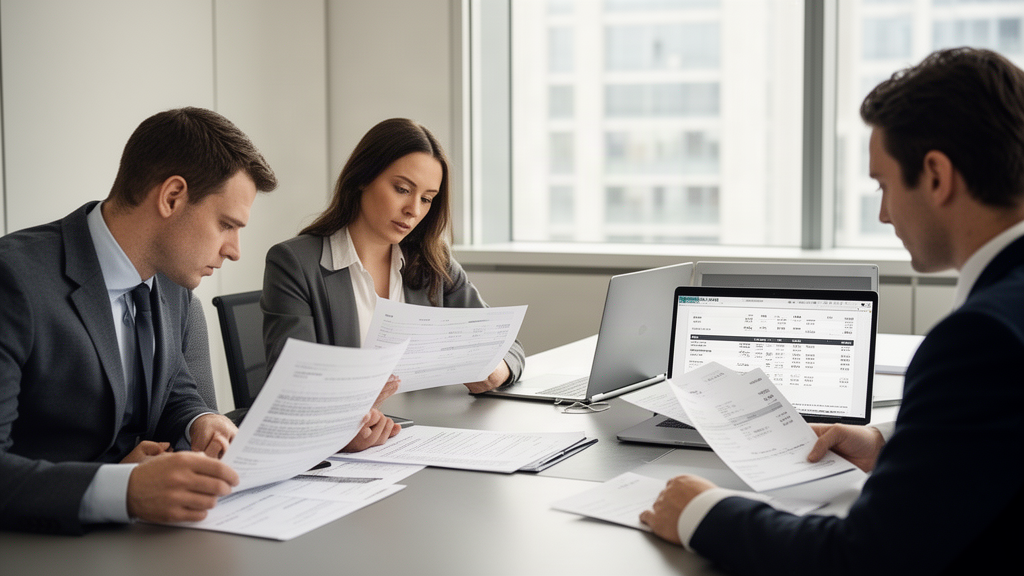 Equipe empresarial analisando extratos e contratos bancários em sala clara