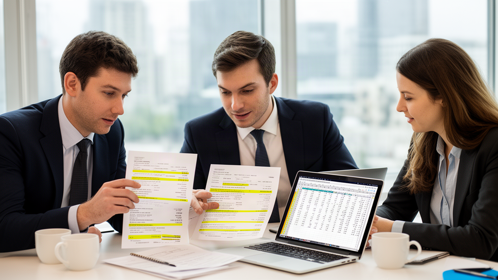 Equipe empresarial analisando extratos bancários e planilha em escritório moderno