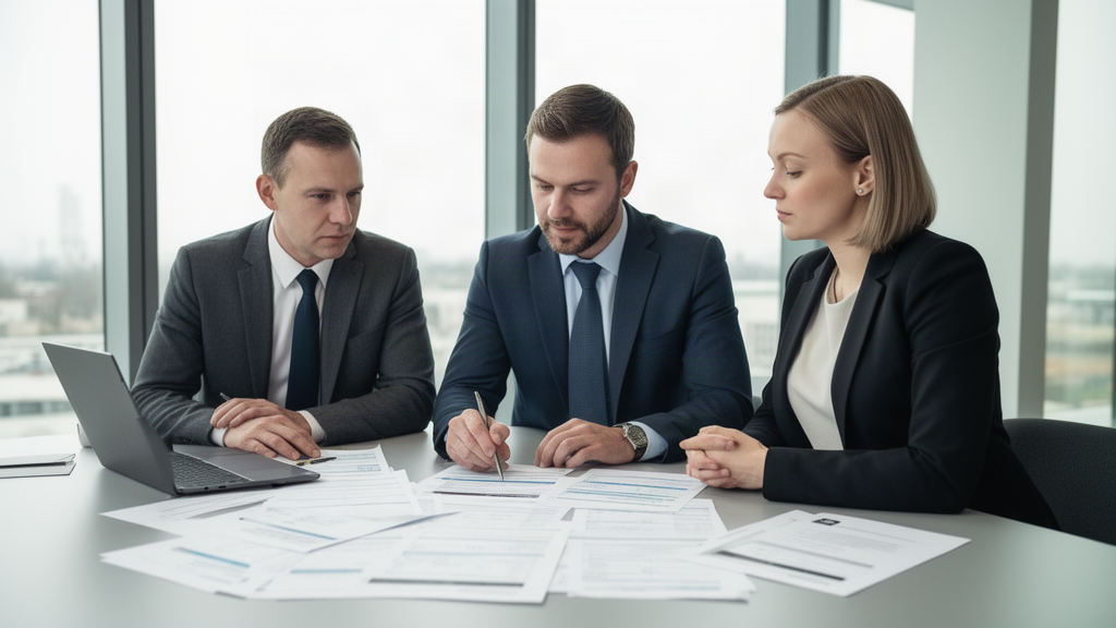 Profissionais revisando contratos e extratos bancários em escritório moderno, luz natural