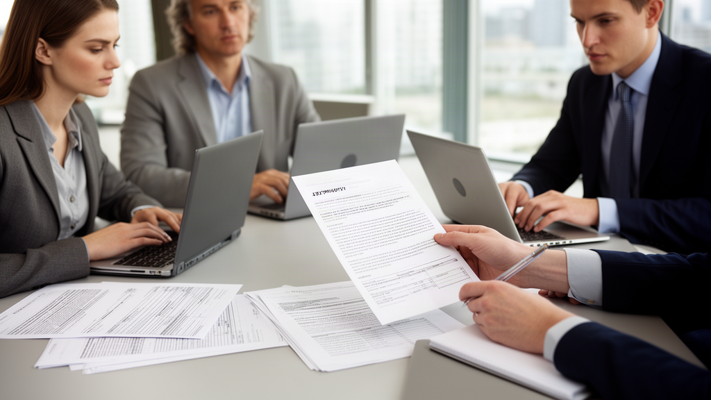 Executivos e advogados analisando contrato bancário e extratos em reunião corporativa, luz natural