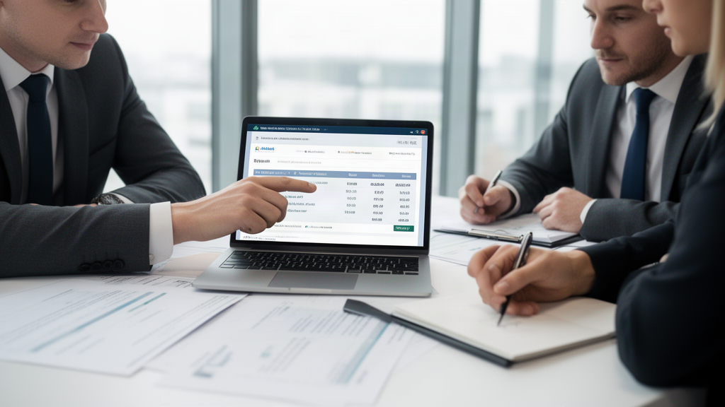 Equipe empresarial revisando extratos e documentos financeiros em escritório moderno